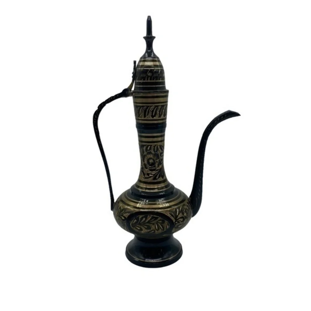 Teapot Gold and Black Metal Etched Made in India